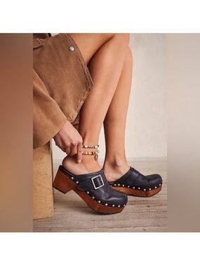 Free People Black Leather Studded Clog Mules with Wood Platform